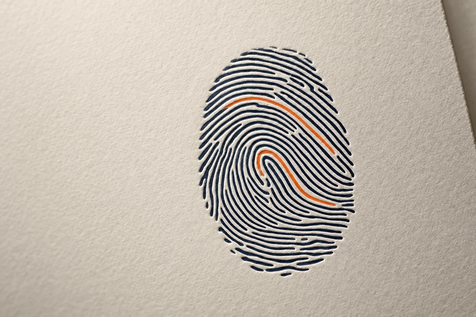 A fingerprint embossed into ivory paper with navy and orange ridges