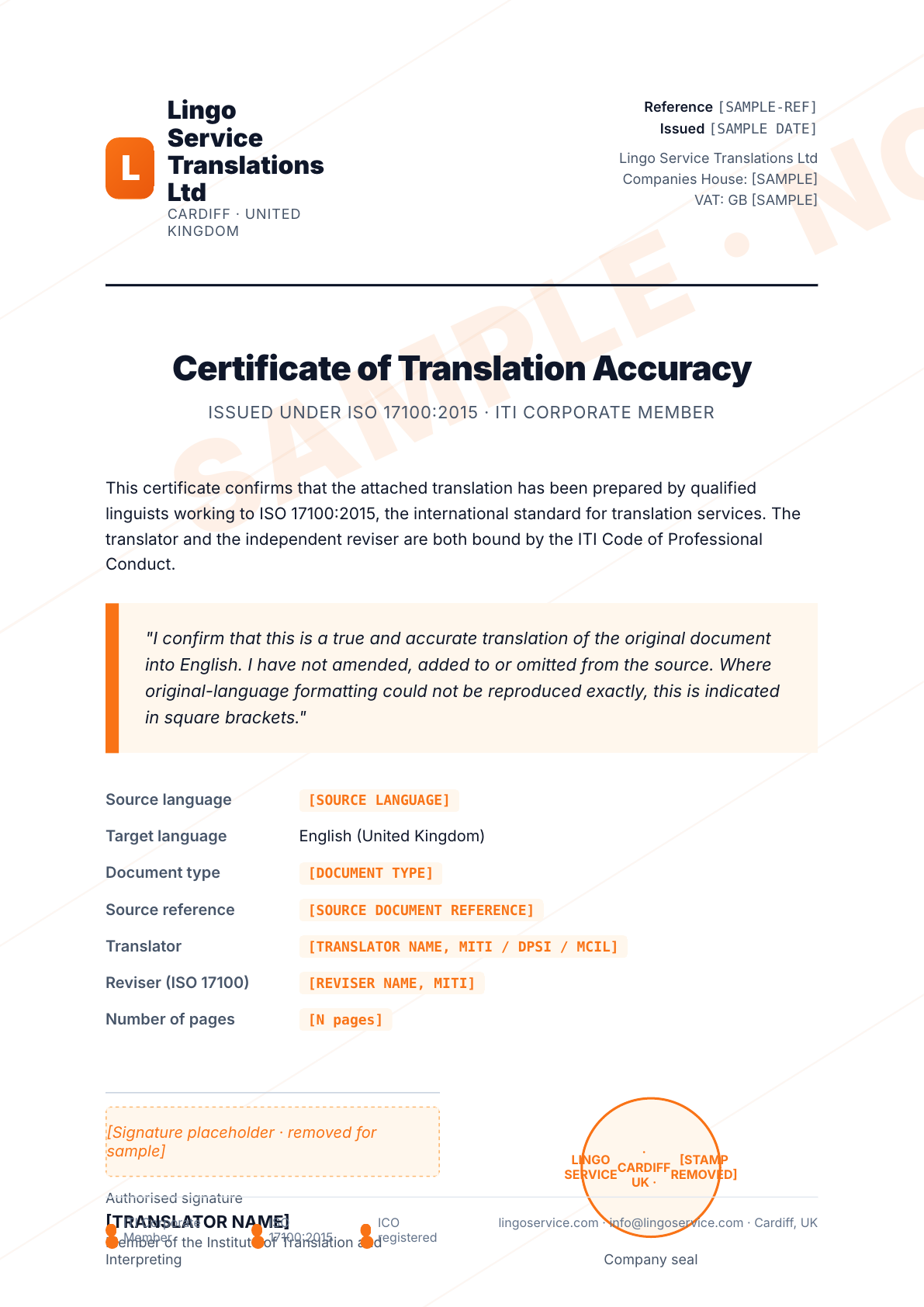Certificado de Precisão da Tradução da Lingo Service de amostra — o formato que recebe com cada tradução certificada. Marcadores substituem informações de identificação para que esta amostra não possa ser reutilizada como modelo.