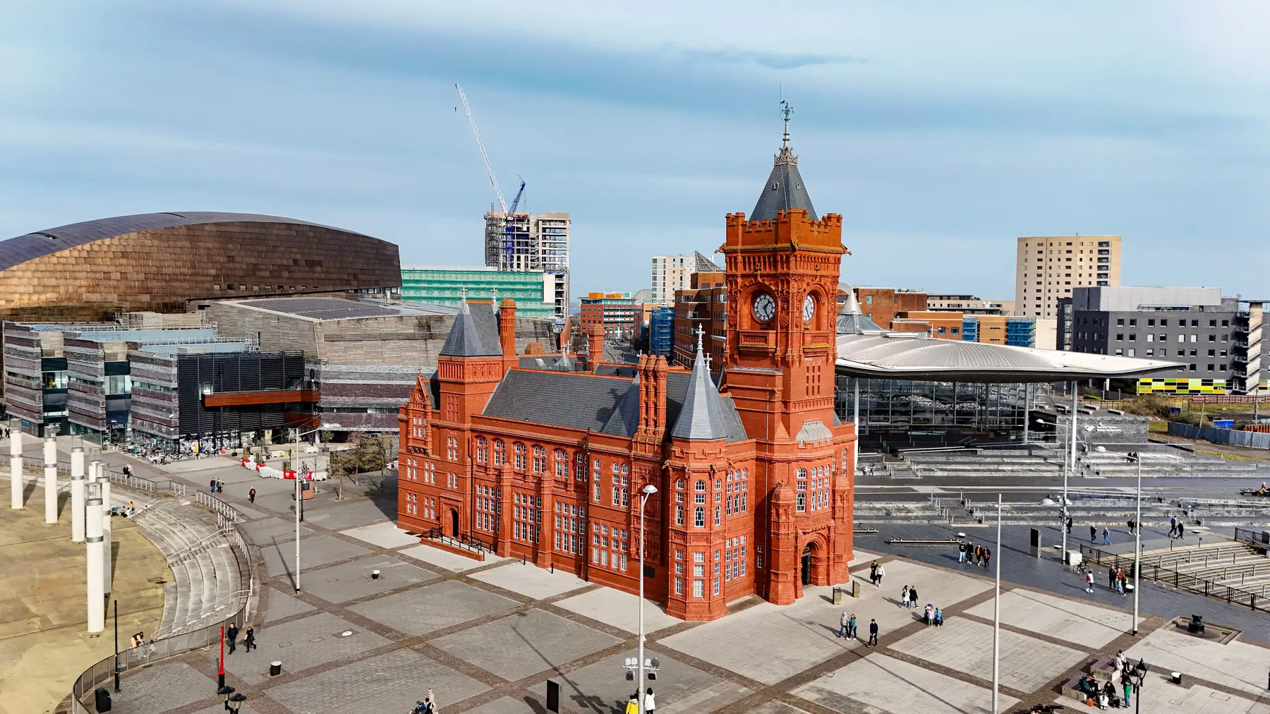 The Pierhead Building, the Senedd and the Wales Millennium Centre in Cardiff Bay on a sunny day