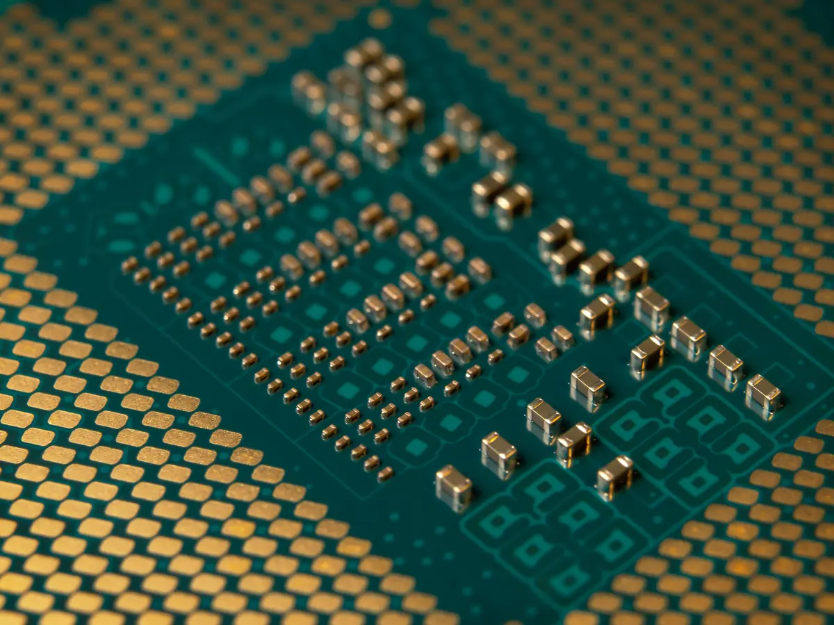 Close-up of a semiconductor processor and its contact pads