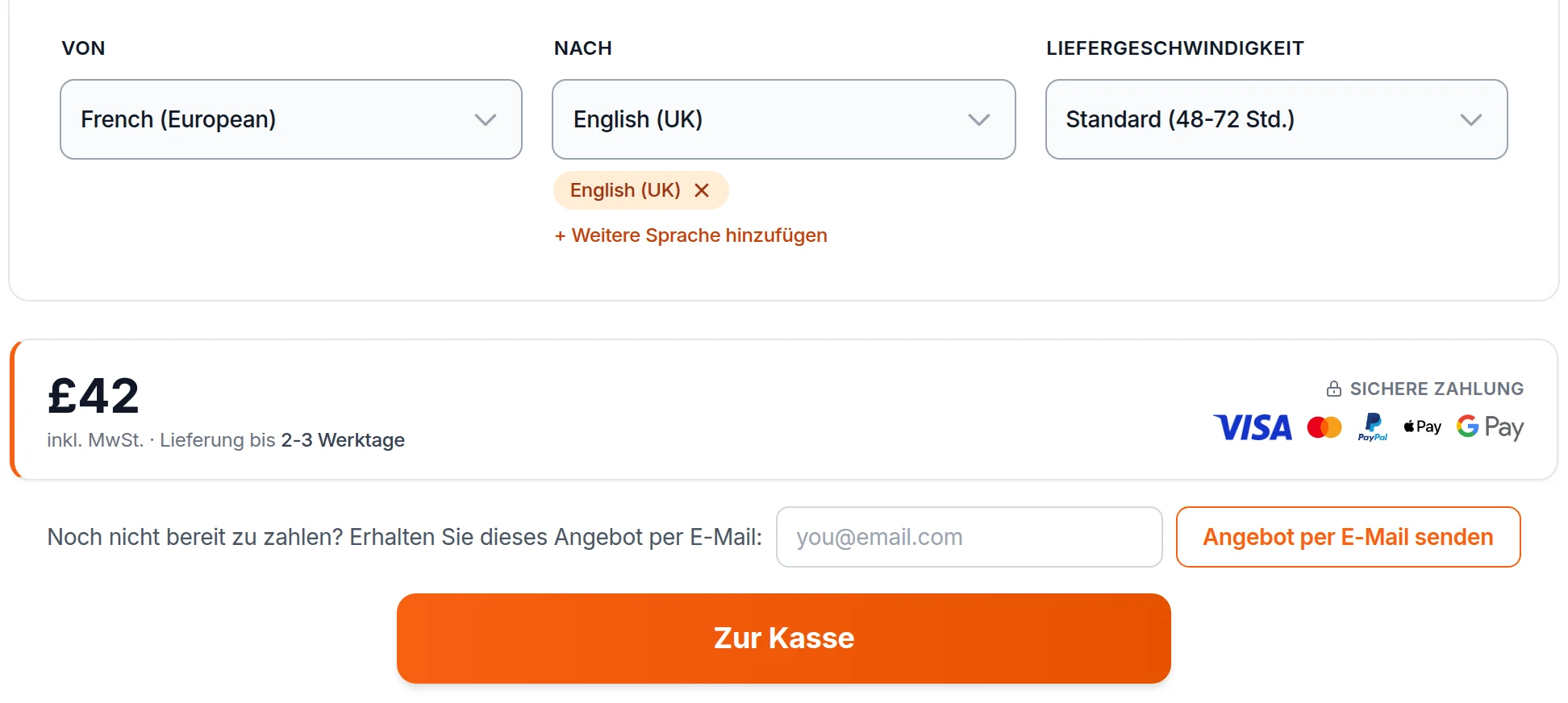 Die Sofort-Angebotsseite von Lingo Service: Dokument hochladen, Sprachen wählen, Preis sehen