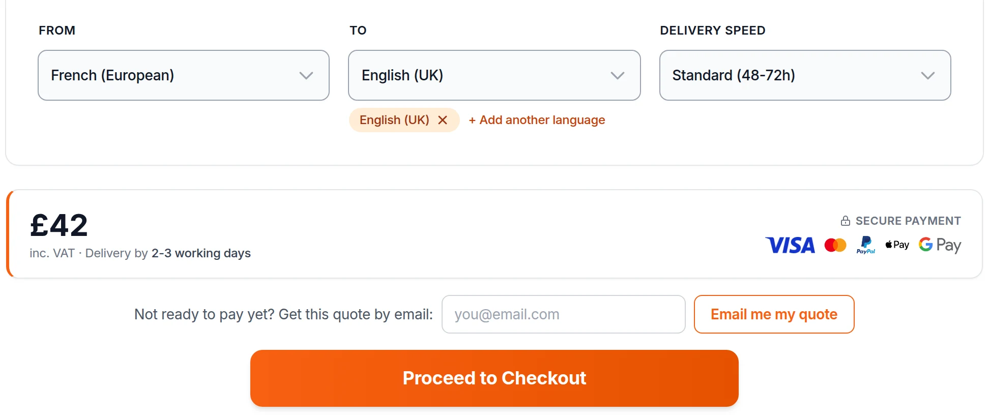 The Lingo Service instant quote page: upload a document, pick languages and see your price