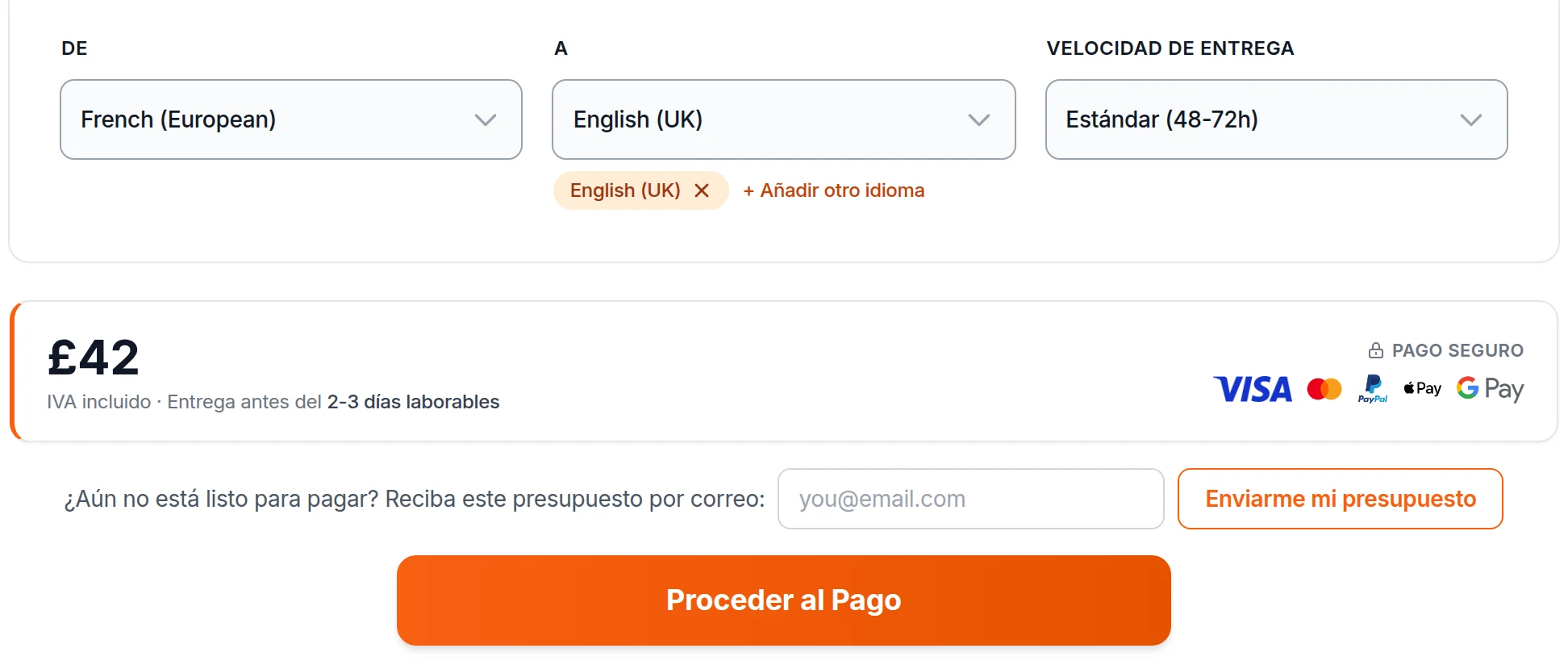 La página de presupuesto instantáneo de Lingo Service: suba un documento, elija idiomas y vea su precio
