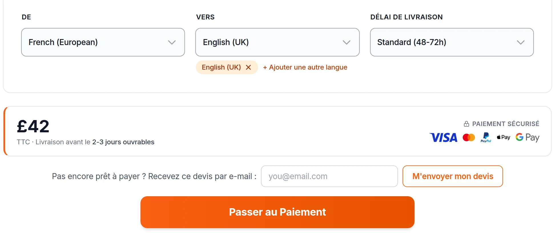 La page de devis instantané de Lingo Service : téléchargez un document, choisissez les langues et voyez votre prix