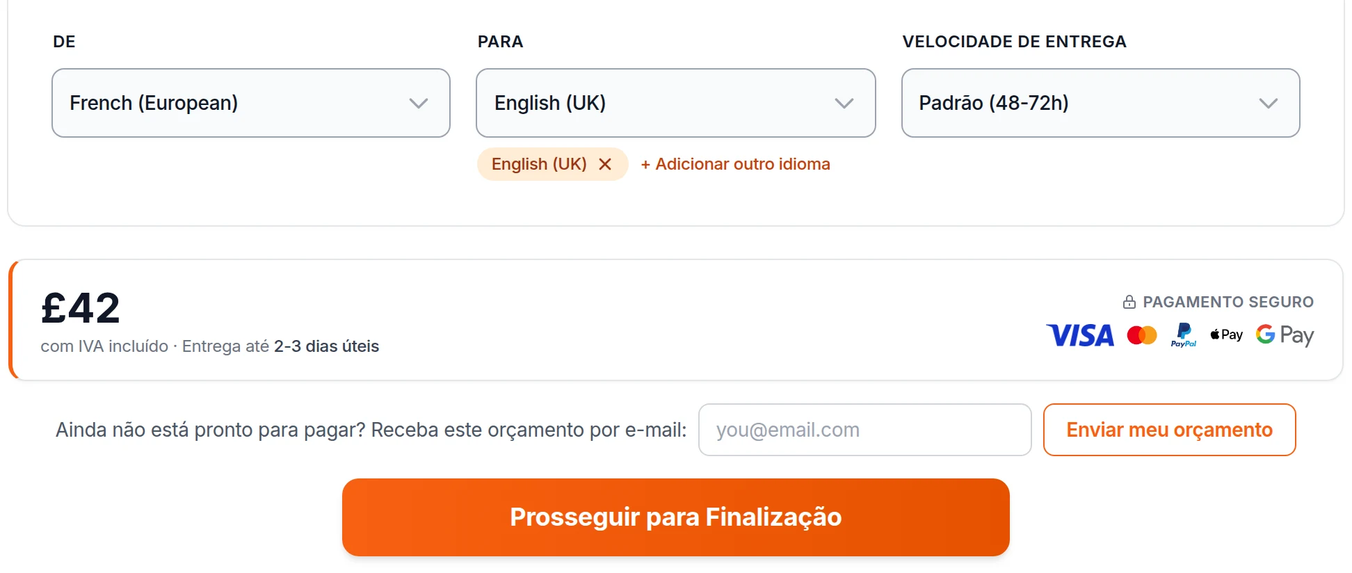 A página de orçamento instantâneo da Lingo Service: envie um documento, escolha idiomas e veja seu preço
