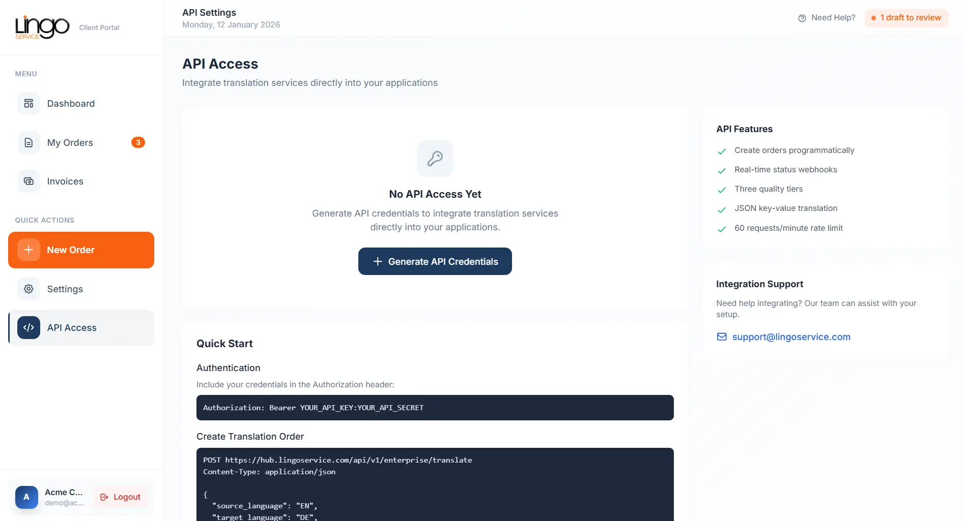 API access page showing authentication examples and code snippets for integration