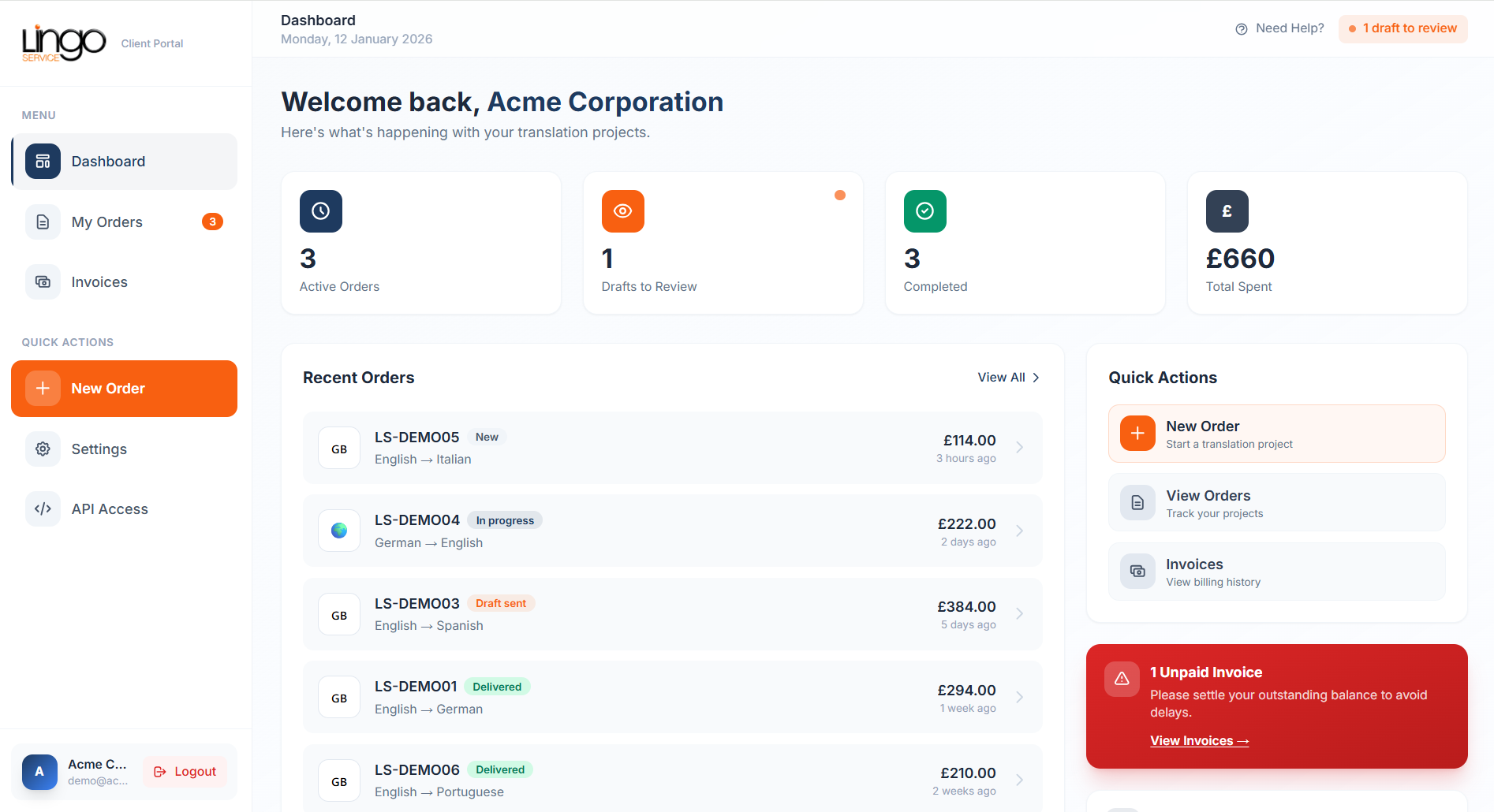 Client Portal Dashboard showing active orders, drafts to review, completed projects, and total spending