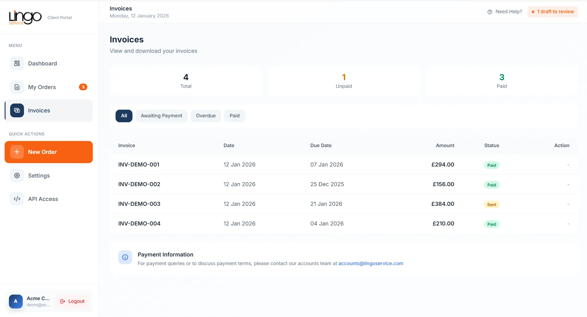 Invoice management page showing invoice list with payment status, amounts, and download options