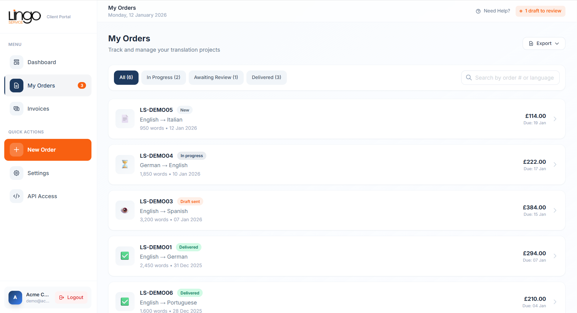 Order tracking page showing translation projects with status filters and progress indicators