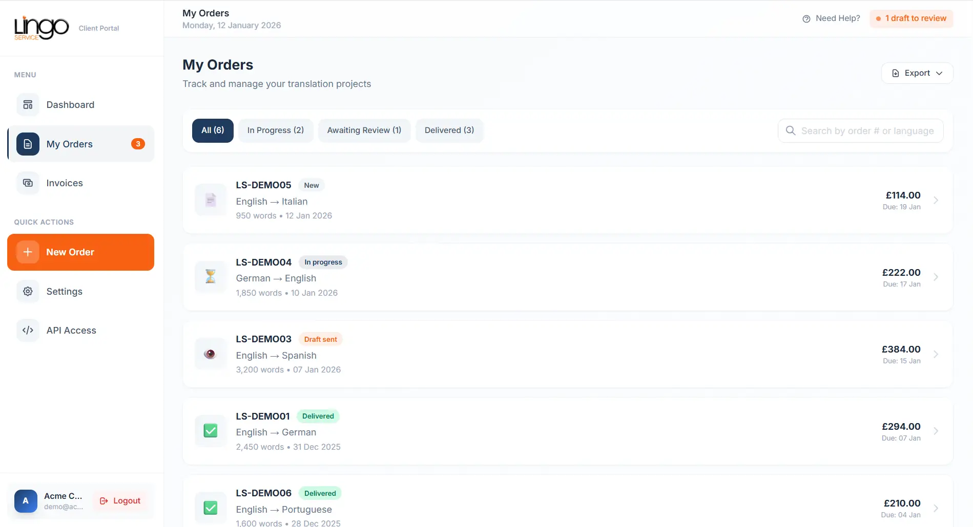 Order tracking page showing translation projects with status filters and progress indicators